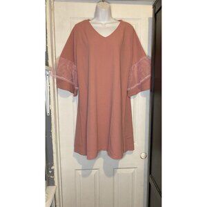 SHENBOLEN Bell Mesh Short Sleeve Tunic Dress Womens Size XL Pink V-neck Casual
